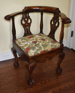 YALE ELM COMMEMORATIVE CHIPPENDALE CORNER CHAIR: The chair with engraved brass plaque on reverse of crest "1888 Made From The Yale Campus Elm, Chamberlin & Co New Haven Connecticut." Height 31" Provenance: Brown family of New England.