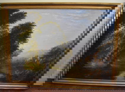FINE LARGE 19TH CENTURY ENGLISH LANDSCAPE PAINTING: Oil on canvas, depicting a hunter amongst trees alongside a lake, in contemporary gilt carved frame. Sight 40 1/2" x 56 1/2" Frame 46 1/2" x 62 1/2"