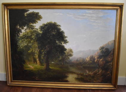 FINE LARGE 19TH CENTURY HUDSON RIVER SCHOOL LANDSCAPE PAINTING: Oil on canvas, depicting a hunter amongst trees alongside a lake with ducks, in contemporary gilt carved frame. Marked on back of Stretcher in pencil Cole for Thomas Cole. Sight 40 1/2" x 56 1/2" Fram