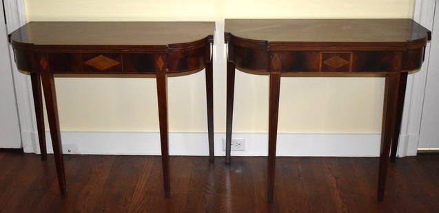 NEAR PR OF AMERICAN FEDERAL MAHOGANY CARD TABLES: The period example attributed to Charleston, South Carolina with diamond inlaid skirt and lightwood line inlaid top, legs and skirt. Along with a similar Centennial example. Please note finger joint o