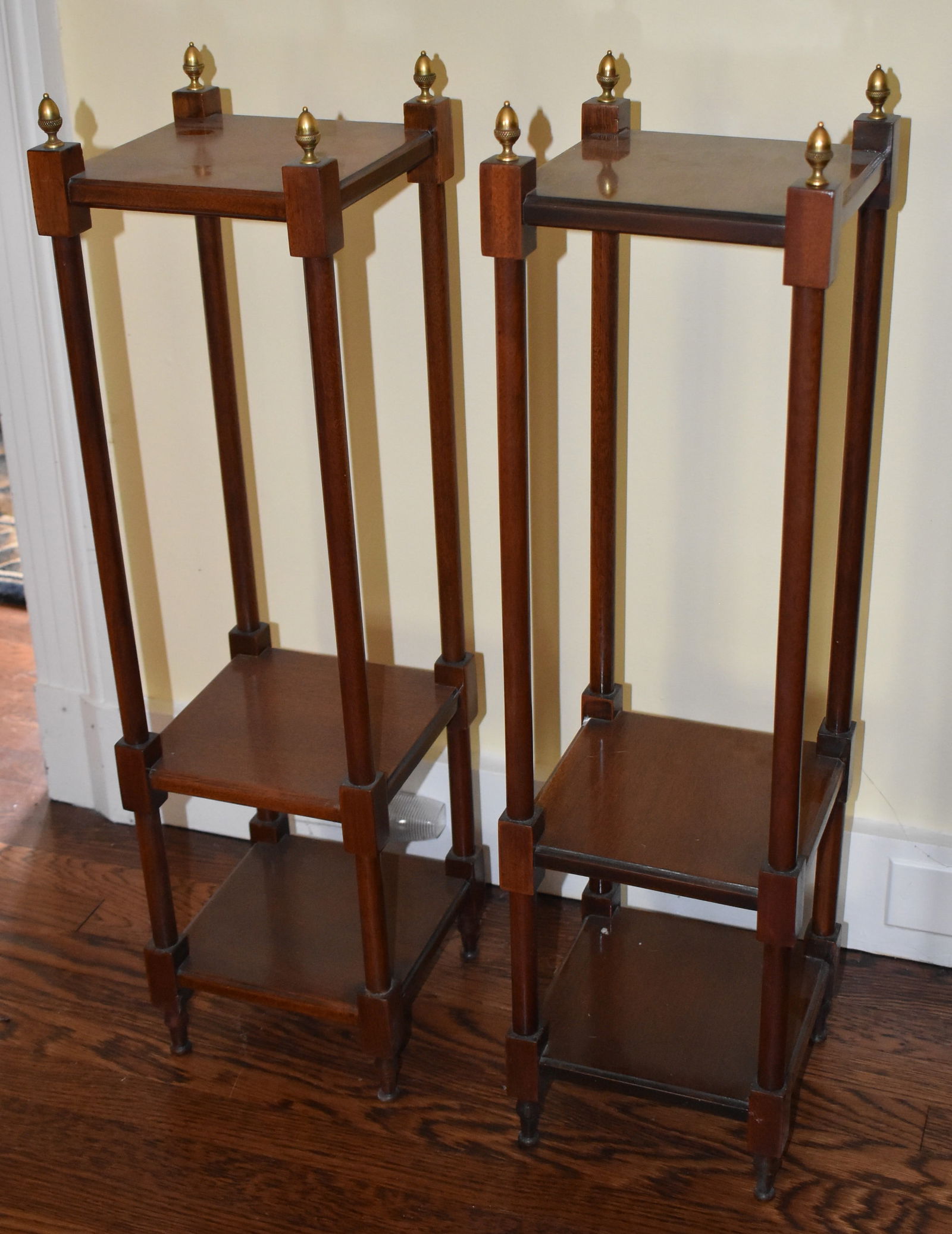 PAIR OF CONTEMPORARY THREE TIER MAHOGANY SHELVES (1 of 1)