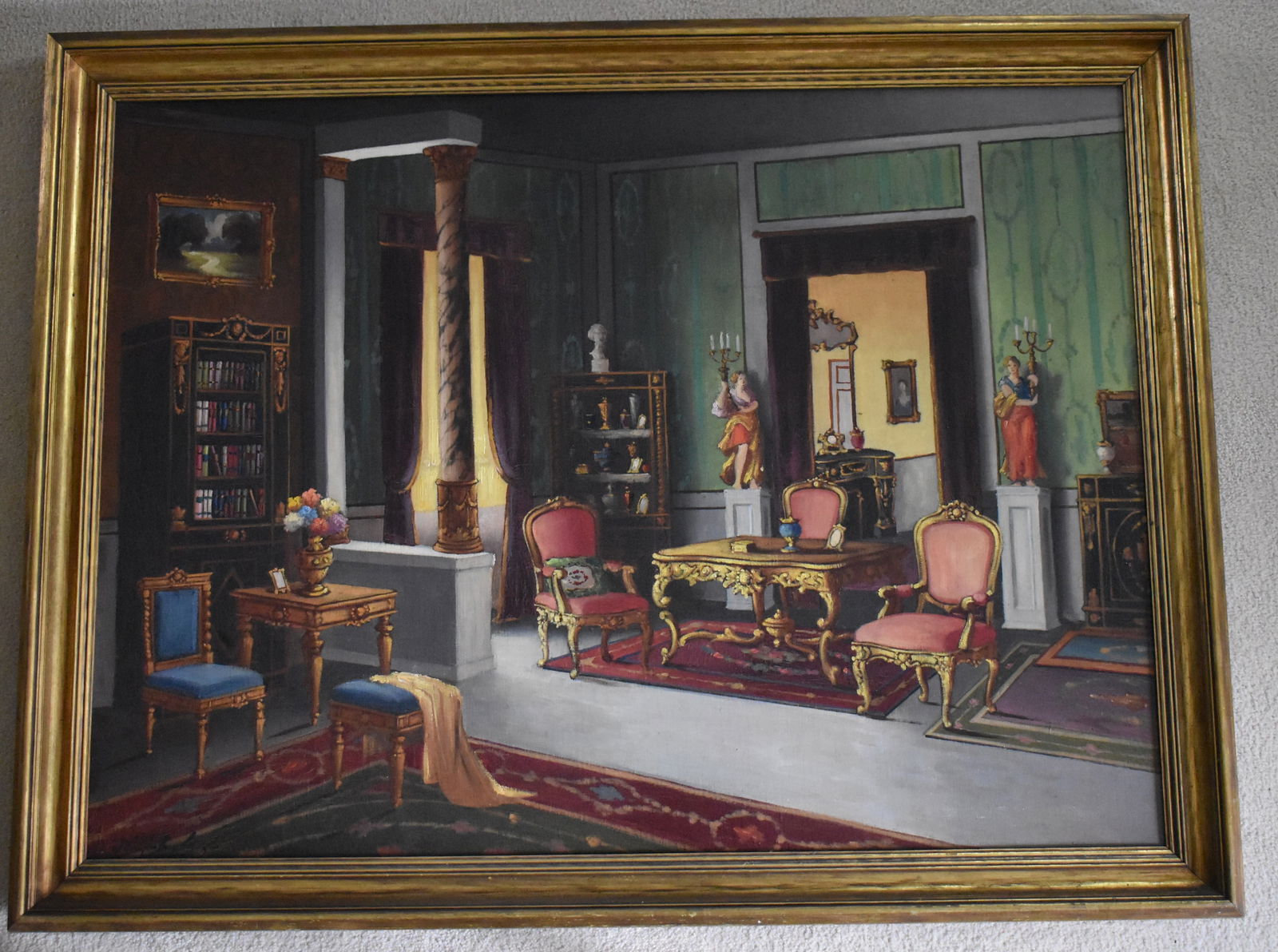 INTERIOR OF A FRENCH SALON: Oil on canvas, signed lower right . Sight 23" x 31 1/4" In fine gilt molded frame 26 3/4" x 34 1/2"