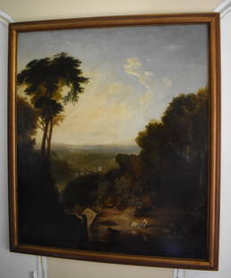 ENGLISH SCHOOL, 19TH CENTURY CLASSICAL LANDSCAPE: Oil on canvas, The painting depicting figures with Roman aqueduct in panoramic landscape, in molded gilt frame. The reverse of canvas with stamp "Prepared by Brodie and Middleton 70 Long Lane London"