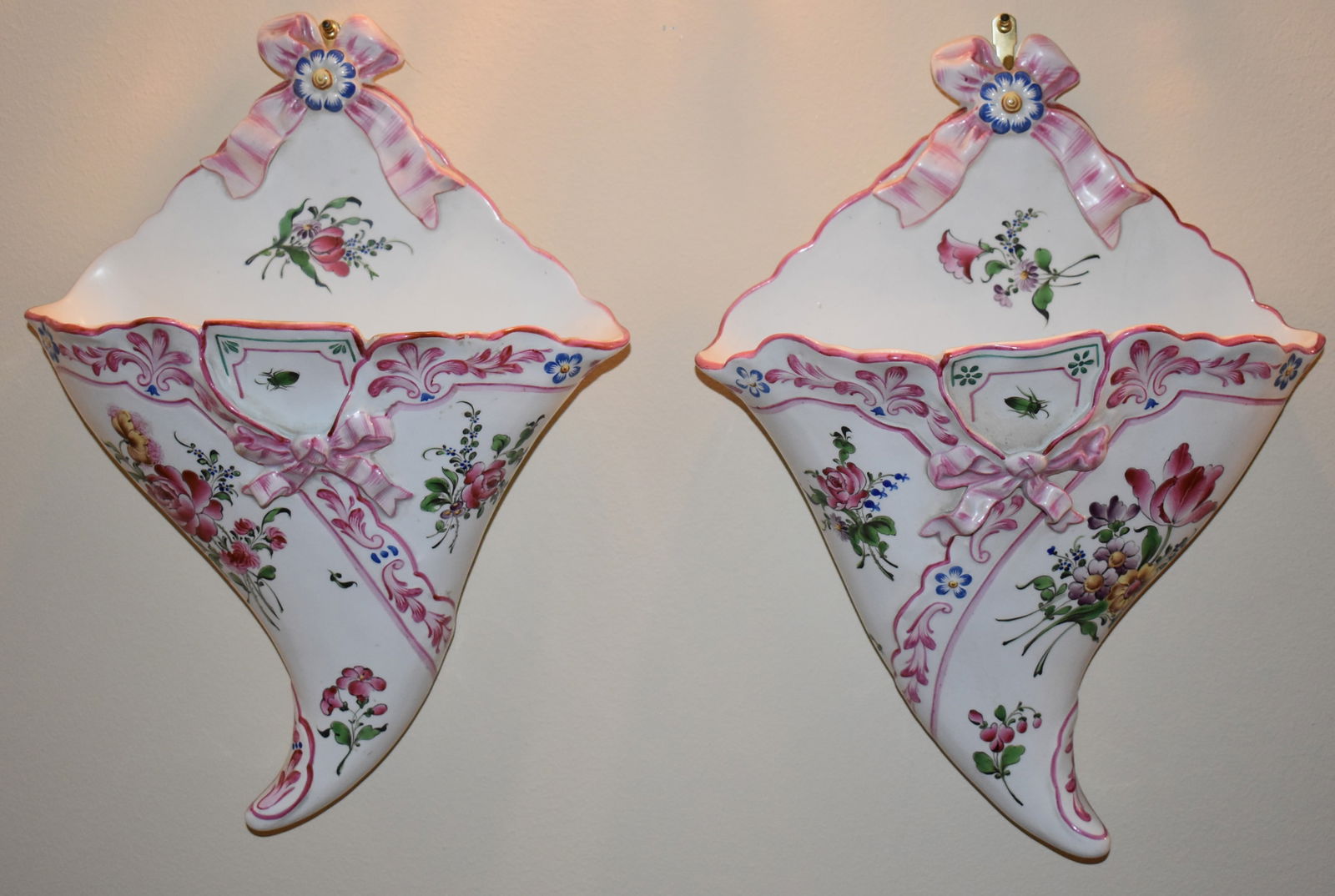 PAIR OF FRENCH TIN GLAZED EARTHENWARE WALL POCKETS (1 of 2)