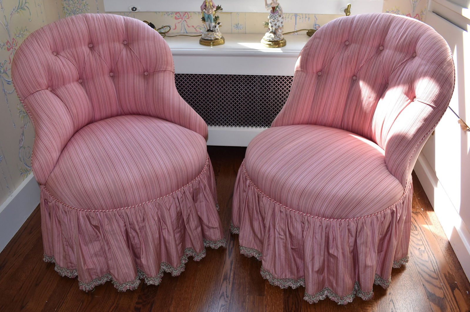 PAIR OF PINK TUFTED BACK BOUDOIR CHAIRS (1 of 2)