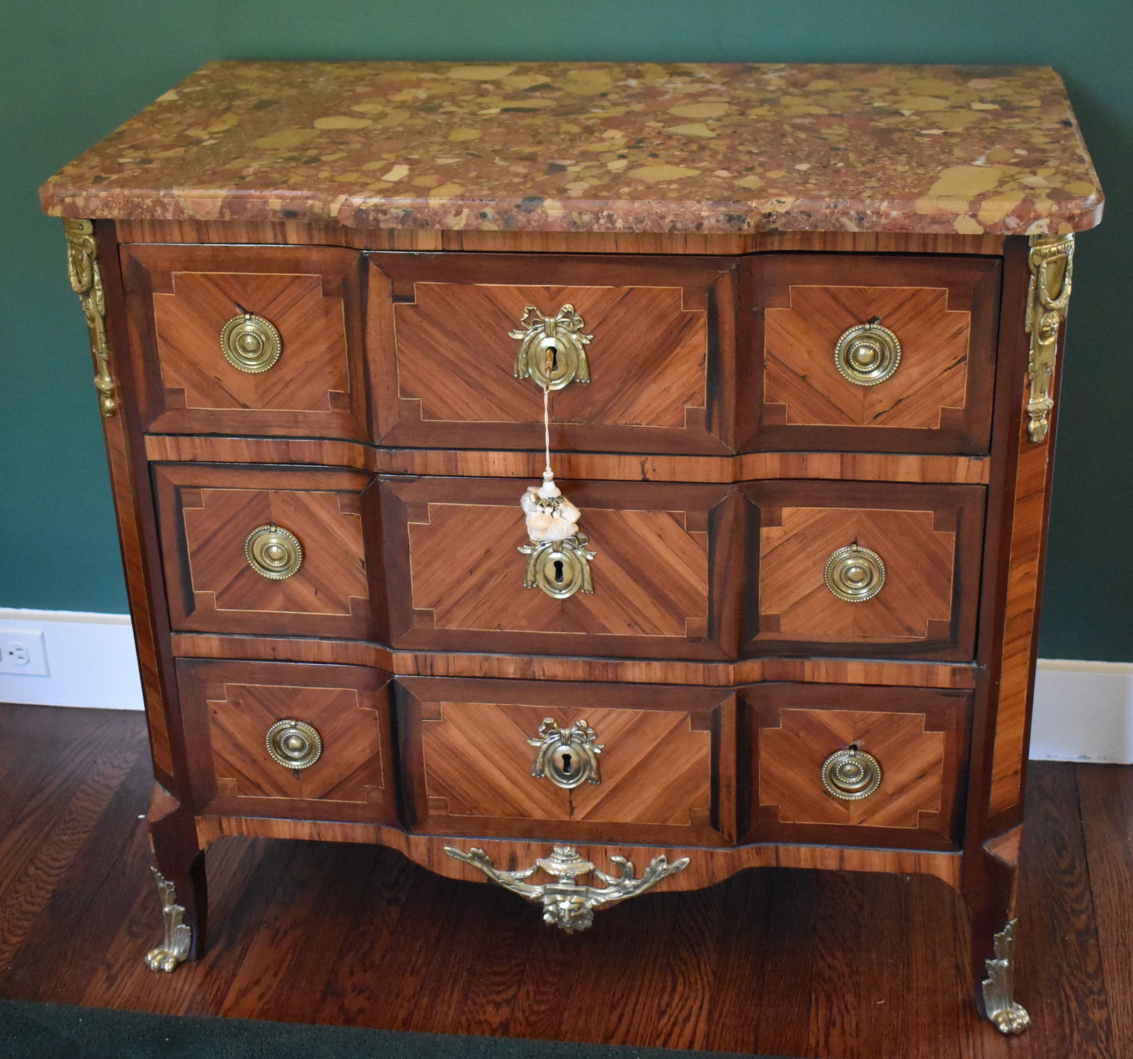 CHOICE LOUIS XV KINGWOOD & ORMOLU MOUNTED CHESTThe antique Louis XV chest with molded marble top (1 of 8)