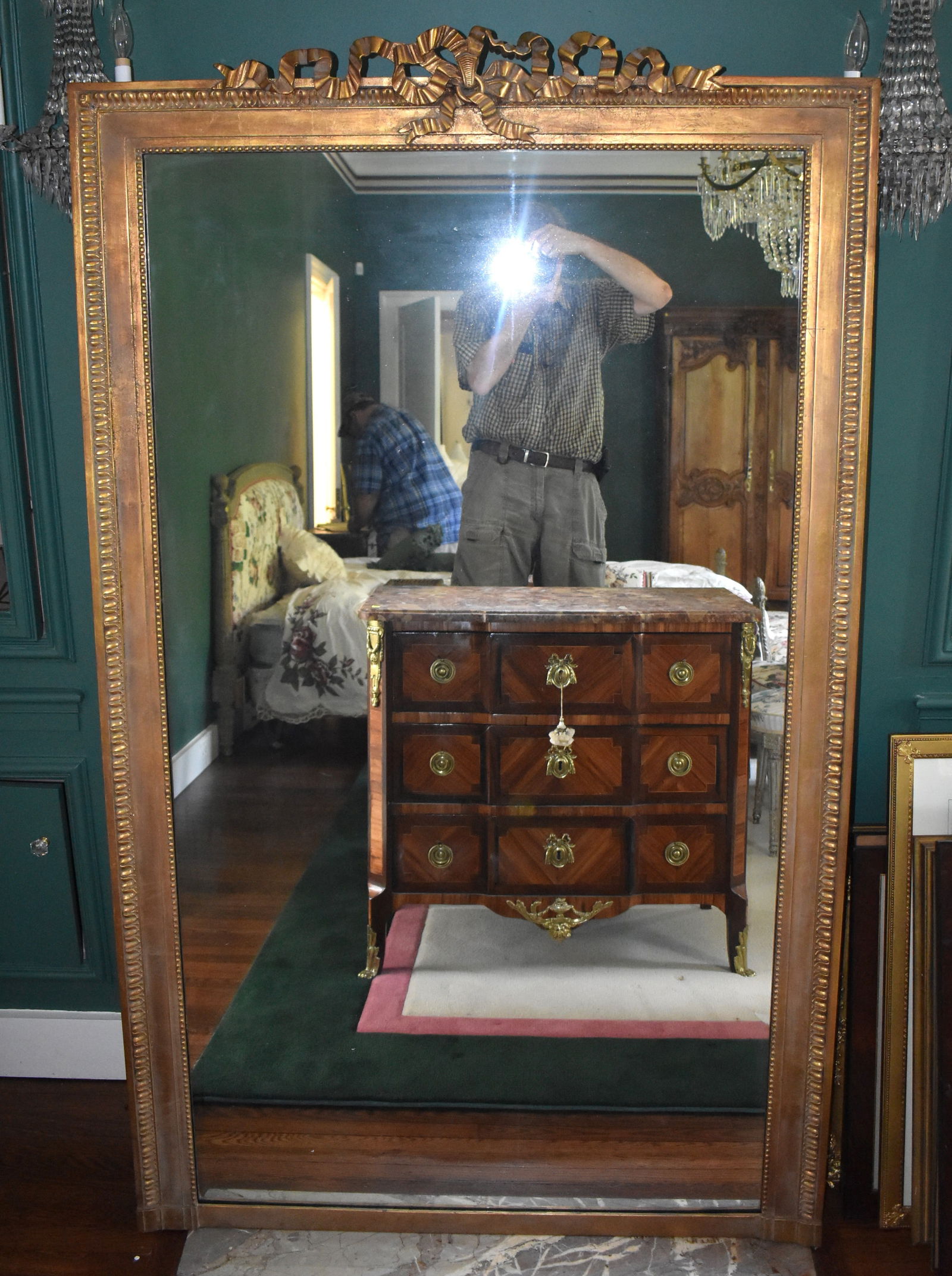 LARGE FRENCH GILT CARVED MIRROR W/BOWKNOT CREST (1 of 3)