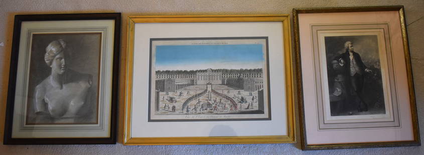 3 FRAMED PIECES OF ART: Photogravure of Mozart, Classical Figure drawing, early French Engraving of Chateau de Marly largest 22" x 25"