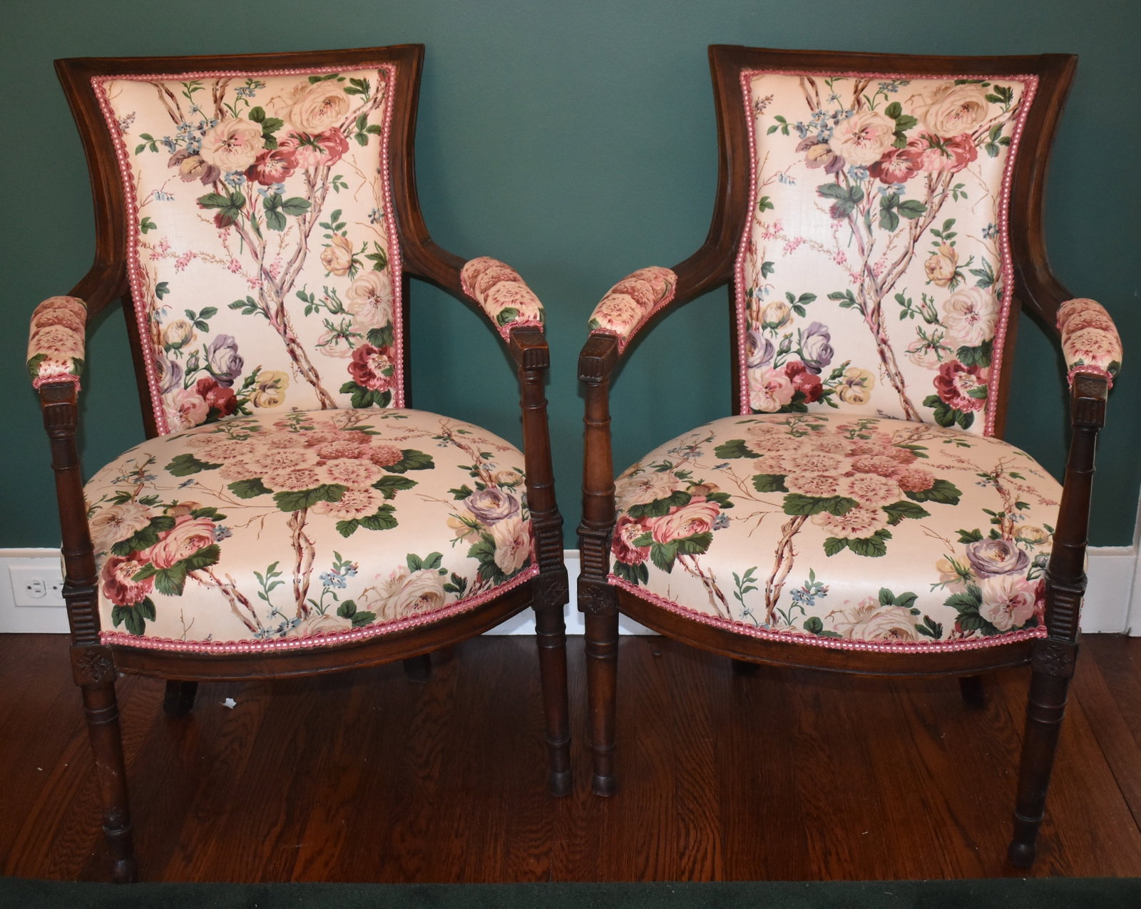PAIR OF 19TH CENTURY FRENCH FRUITWOOD BERGERES: The antique French fruitwood bergeres with rectangular shaped upholstered backs, arm rests and seat, bowed seat rail on ring turned tapering legs. Height 34"