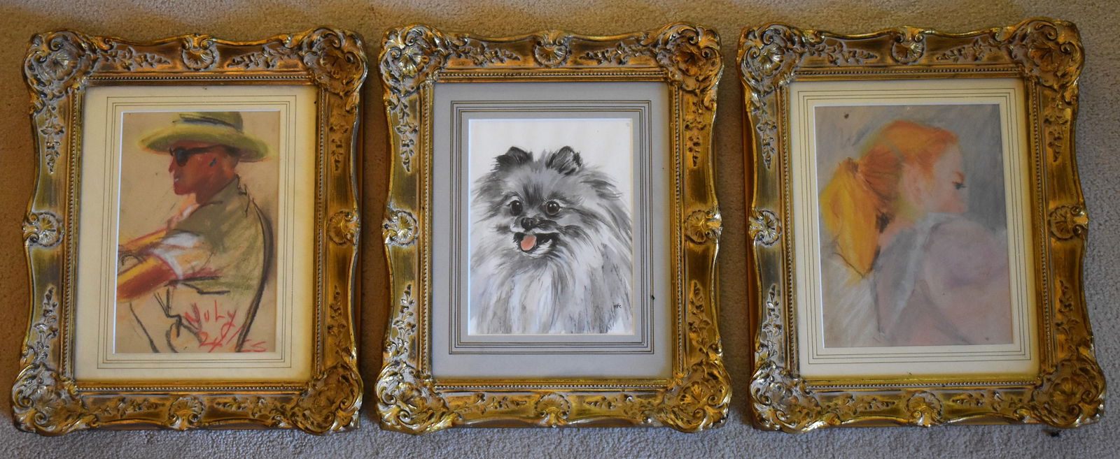 THREE SMALL PASTEL DRAWINGS OF MAN, WOMAN & DOG (1 of 3)