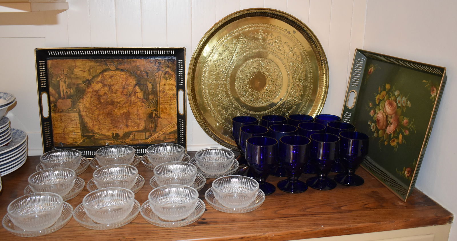 2 TOLE TRAYS, BRASS TRAY, 12 C0BALT GLASSES, ETC. (1 of 3)
