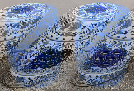 PAIR OF CHINESE BLUE & WHITE PORCELAIN GARDEN SEATS: Height 18 3/4" Diameter 12"