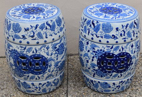 PAIR OF CHINESE BLUE & WHITE PORCELAIN GARDEN SEATS: Height 18 3/4" Diameter 12"