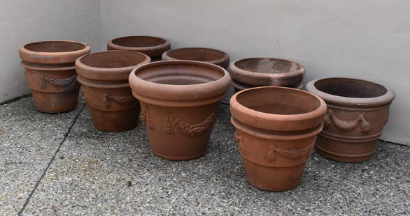 EIGHT CLASSICAL TERRA COTTA PLANTERS: Height 11"