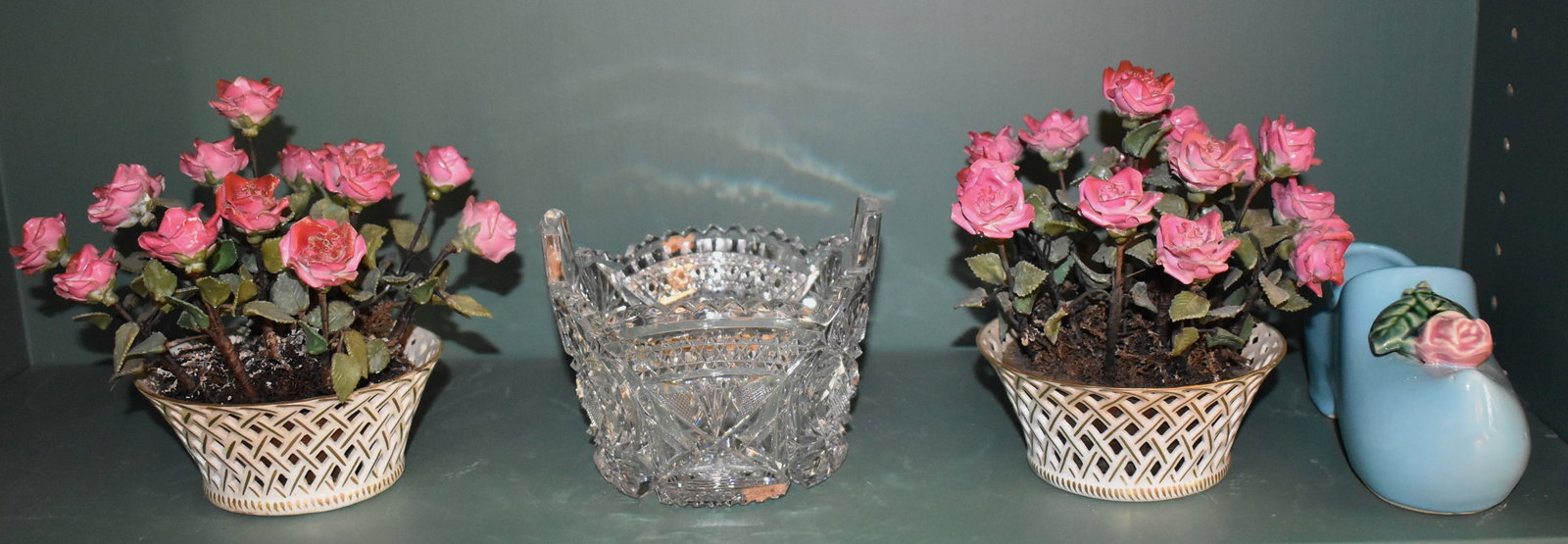 PAIR OF BOOTHS ENGLISH POTTERY BASKETS, CUT GLASS: WINE RINSER & MCCOY POTTERY SHOE. The baskets with reticulated bodies featuring blooms of pottery roses. Baskets overall Height 7"