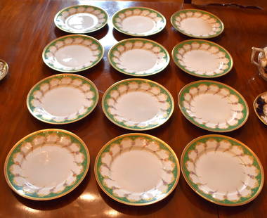 12 T & V LIMOGES GREEN GILT & FLORAL DINNER PLATES: Diameter 10"