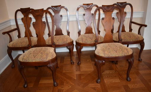 SET OF 6 BAKER FURNITURE HISTORIC CHARLESTON QUEEN ANNE CHAIRS: SET OF 6 BAKER FURNITURE HISTORIC CHARLESTON QUEEN ANNE CHAIRS Two armchairs and four side chairs all with yoke form shell carved crest rails, vasiform splats, compass form slip upholstered seats on c