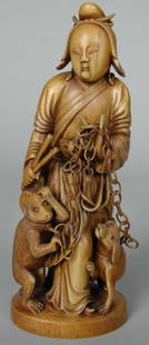 RARE CHINESE IVORY FIGURE OF FEMALE DEITY: With Monkey and Dog, intricate carved loop chain. H. 7"