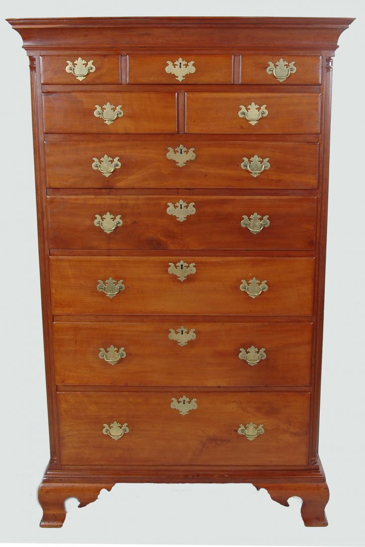 FINE 18TH C. PA CHERRY TALL CHEST: having bold projecting cornice above three over two over six drawers flanked by fluted quarter columns resting on ogee bracket feet. Ht. 69 1/2"; W. 38 1/2"; D. 22"