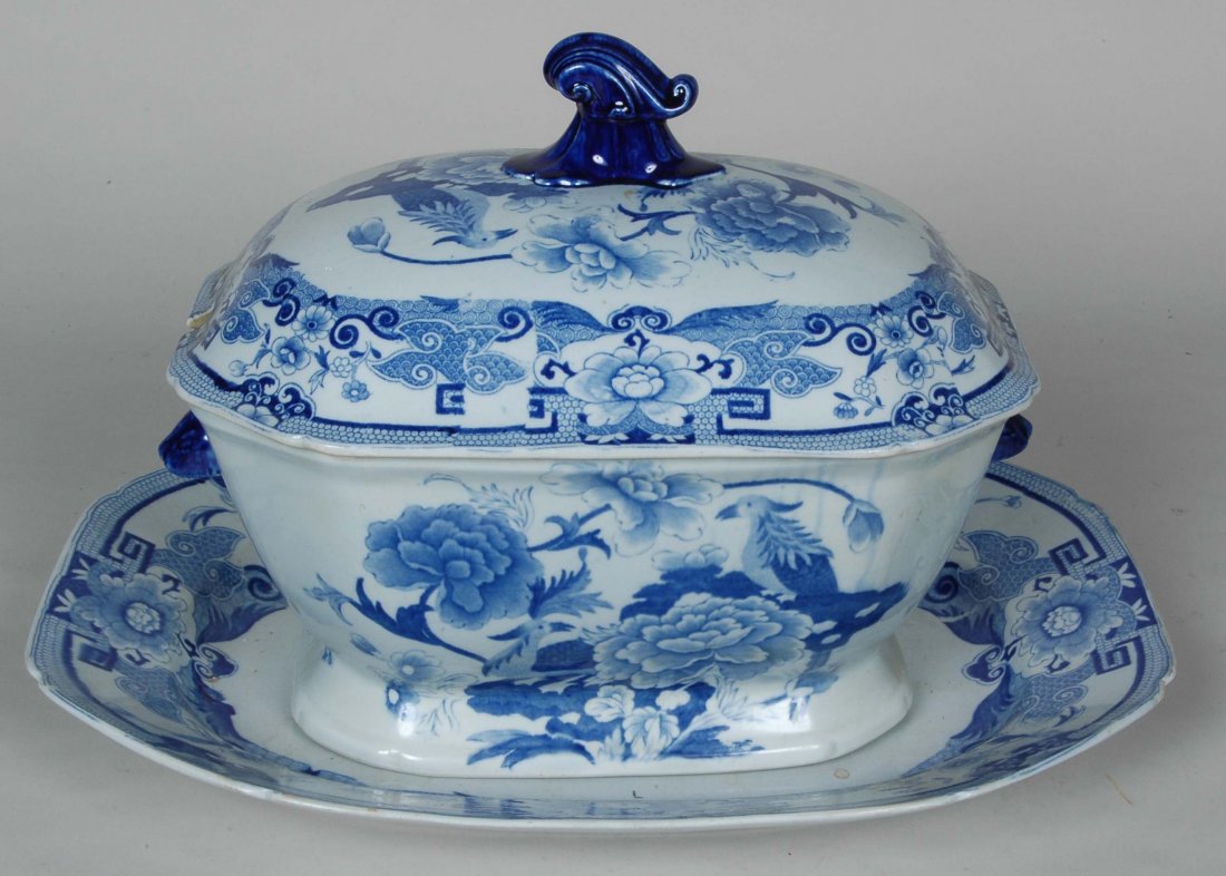 ENGLISH PATENT IRONSTONE TUREEN ON STAND: Fine design of birds in floral landscape with matching undertray/platter 16 3/4" x 13", circa 1830. Overall H. 10.5"