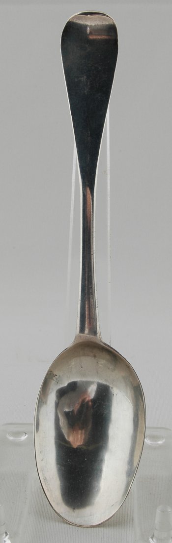 RARE W. WARD, GUILFORD CT COIN TABLESPOON: Engraved "IG 1721" on reverse of handle the bowl with fine rat tail terminal, clear crisp double struck makers mark. L. 7 1/4"