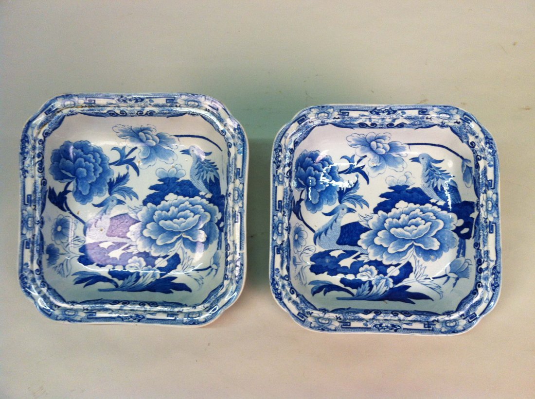 PAIR OF PATENT IRONSTONE SERVING BOWLS: Of rectangular form with fine design of birds in floral landscape. Dia. 9 1/2"