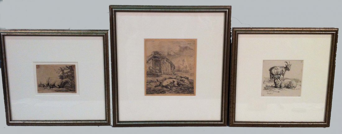 THREE 17TH C. CONTINENTAL ENGRAVINGS: all professionally matted & framed Karel Dujardi-Pigs 6" x 5 1/4 & Sheep 3" x 4" , Nicholas Berghem-Goats 4" x 4 1/4"