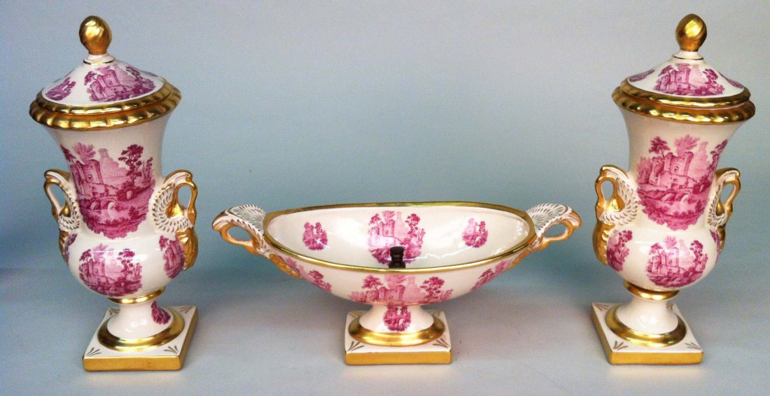 3 PIECE CONTINENTAL PORCELAIN GARNITURE: 2 covered vases with boat form center bowl Vase H. 13", Center Bowl 13 3/4"