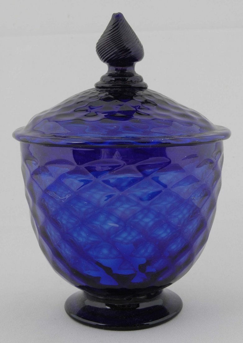 STIEGEL TYPE QUILTED COBALT COVERED SUGAR: Diamong patter with spiral twist finial. Ht. 6 3/4"