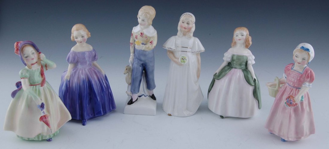6 ROYAL DOULTON FIGURINES: Babie HN 1679; Marie HN 1370; Tom HN 2864; Brides Maid HN 2874; Penny HN 2338; Tinker Bell HN 1677 Height of tallest 5 3/4"