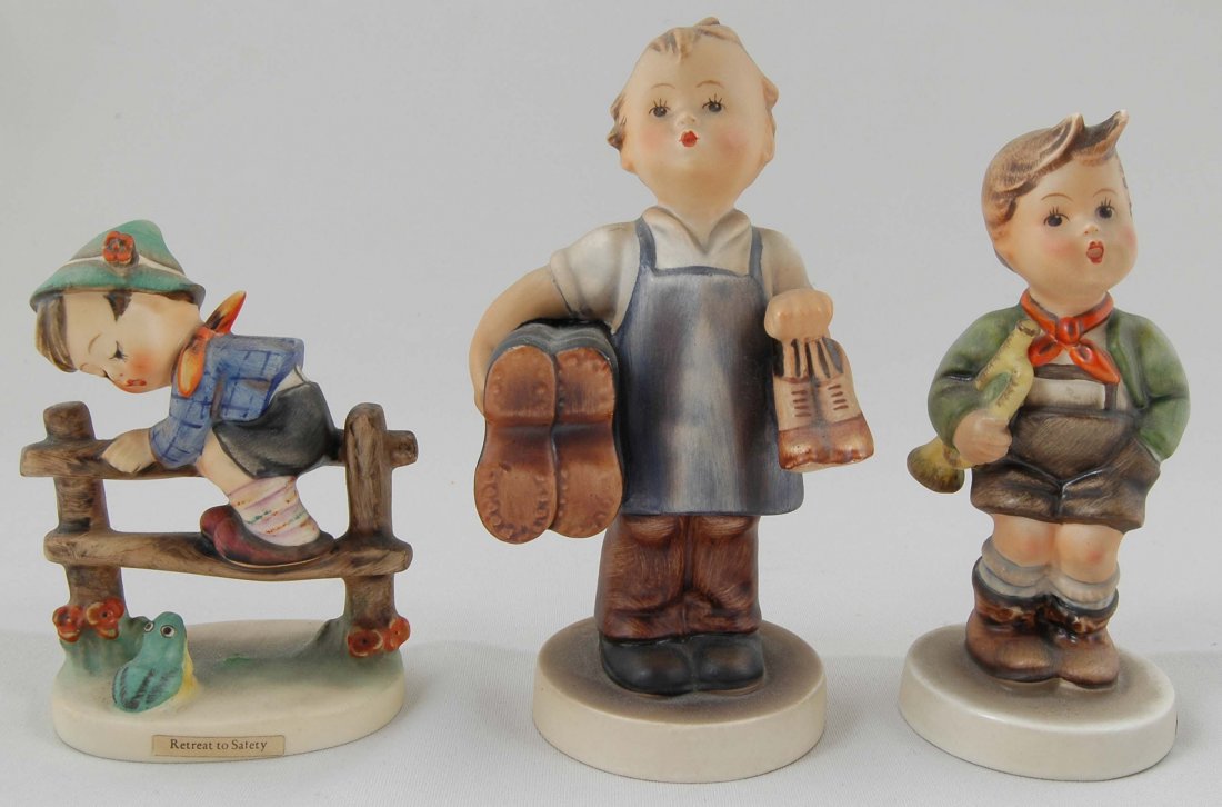 3 HUMMEL FIGURINES: RETREAT TO SAFETY, BOOTS, TRUMPHET BOY