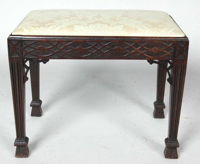 FINE ANTIQUE ENGLISH CHINESE CHIPPENDALE FOOTSTOOL: Having a rectangular slip seat above blind fret carved frieze and open fret carved brackets, molded legs on reverse tapering blocked feet. 18th or 19th century. Ht. 18", W. 22 1/4", D. 15"