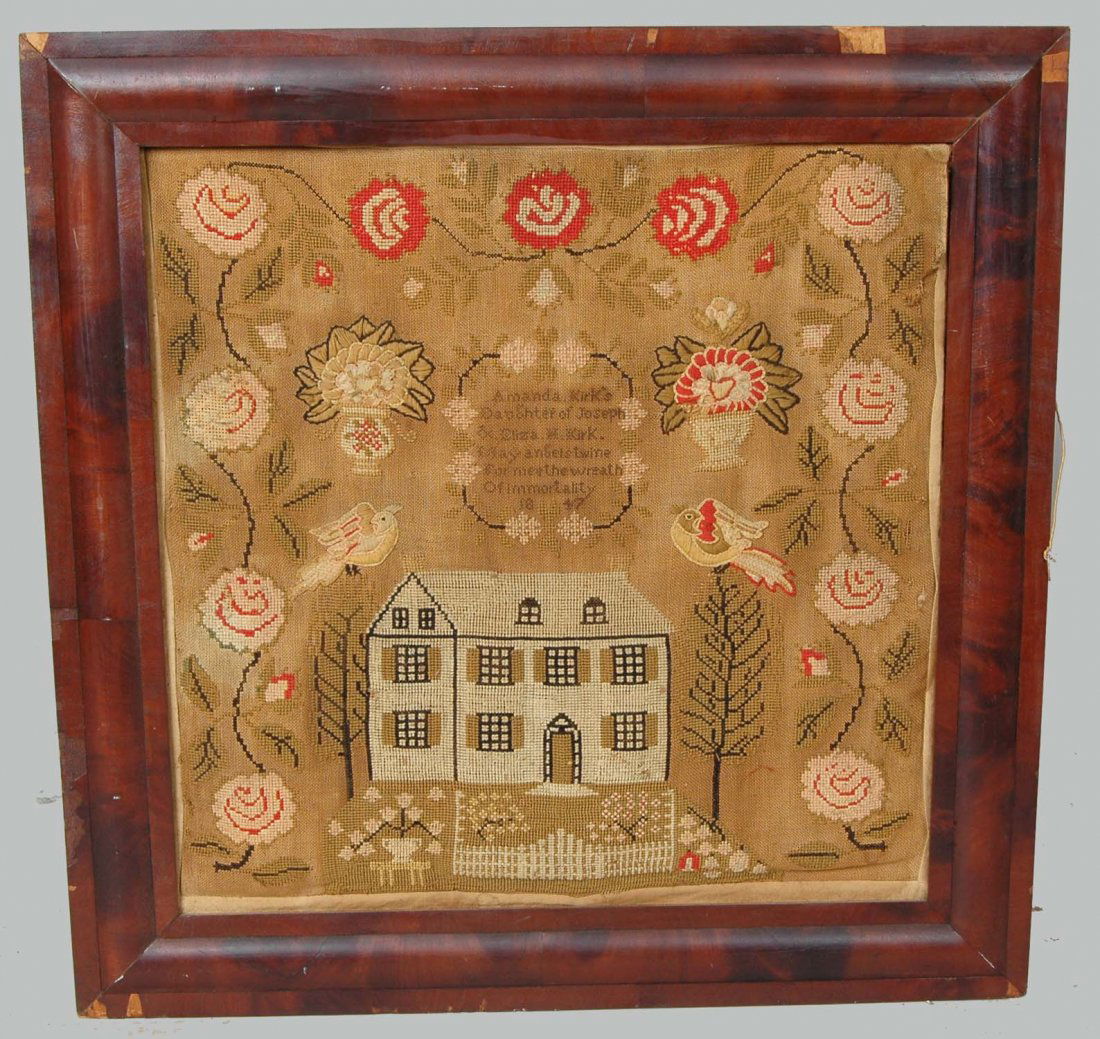 FINE SOUTHEASTERN PA OR MD NEEDLEWORK SAMPLER: Amanda Kirk's Daughter of Joseph & Eliza H. Kirk 1847, depicting a large central house with fenced front yard flanked by trees set upon by large birds and an elaborate trailing vine floral rose border