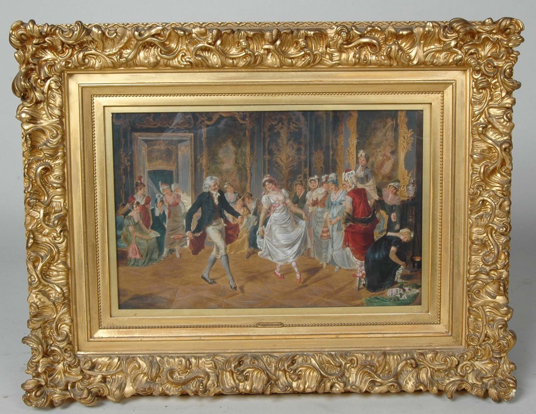TOBY E. ROSENTHAL, FINE 19TH C. OIL PAINTING, DANCING: In elaborate gilt molded frame, under original glass signed by artist lower left. Gallery label of Hermann Schaus 204 5th Ave NY on reverse. Sight size 14" x 21 1/2", Frame 25 1/2" x 33 1/4" Toby Edwa