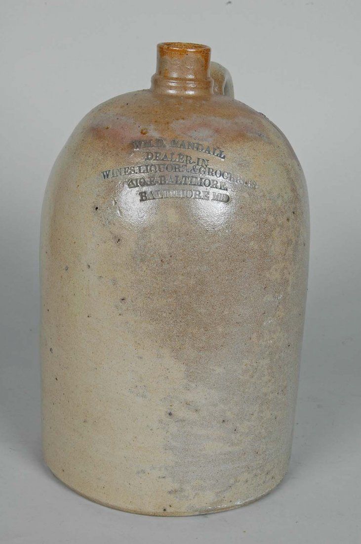 FINE 19TH C. STAMPED BALTIMORE 2 GALLON WHISKEY JUG: With impressed mark of "William D. Randall, Dealer in Wines Liquors & Groceries, 410 East Baltimore, MD Ht. 14"