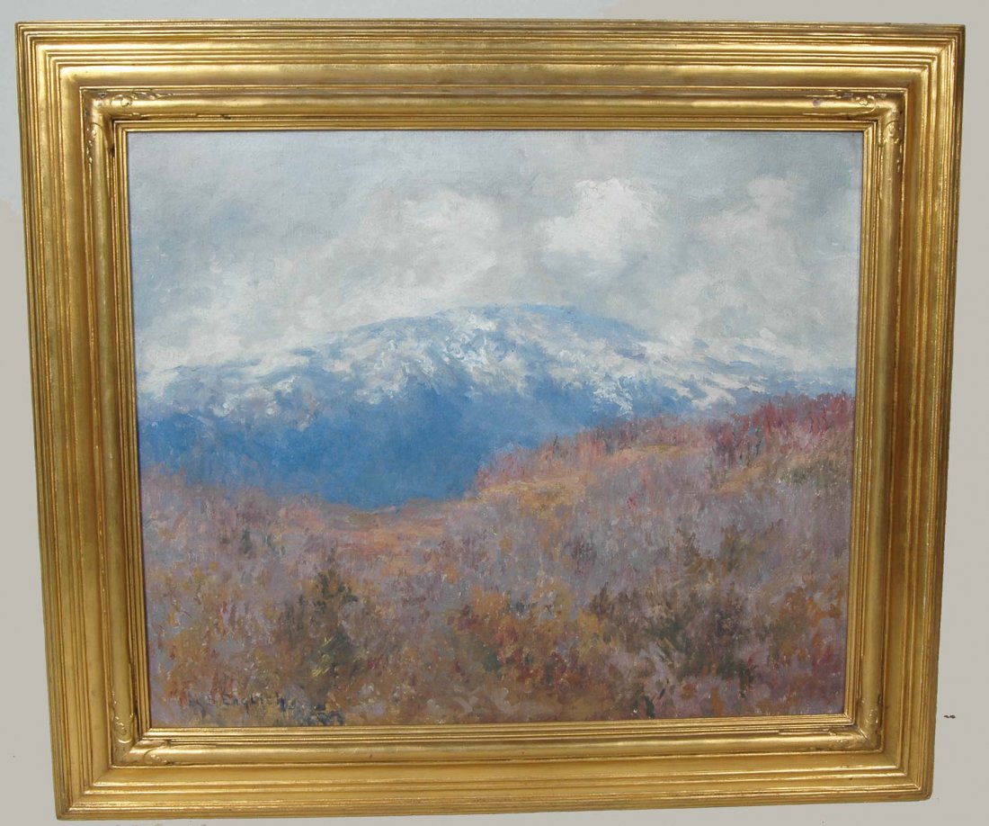 MABEL B. ENGLISH, OIL ON CANVAS, "FIRST SNOW, VERMONT": Having a Society of Women Painters & Sculptors of Hartford Vicinity on Reverse, in a fine labeled Arts & Crafts Newcomb Macklin frame. Sight size 28" x 23" Frame size 34 1/2" x 29" A life-long Hartfor