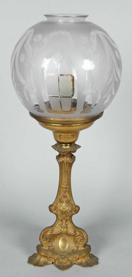 19TH C. CORNELIUS & CO. SOLAR LAMP W/GOTHIC CUT SHADE: Elaborate Rococo inspired base with very fine Gothic Cut Shade. Ht. 22"