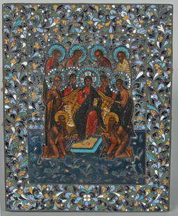 FINE ANTIQUE SILVER ENAMELED ICON DEPICTING CHRIST: SEATED AMONGST APOSTLES. 8 3/8" x 7 1/8". No markings on metal.