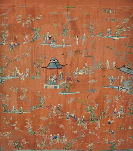 A polychrome silk embroidery: A polychrome silk embroidery depicting landscapes and daily life scenes China, 20th century (170x154 cm.)