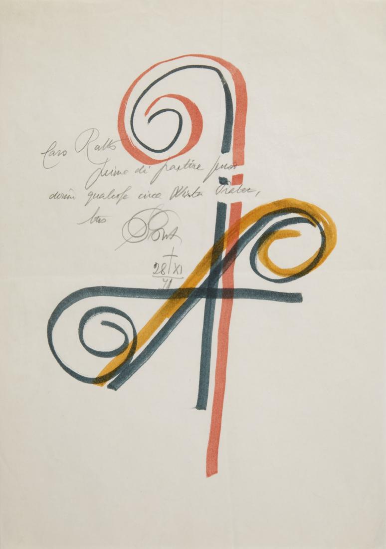 Gio Ponti - Autograph letter with polychrome drawings: Gio Ponti - Autograph letter with polychrome drawings for Giovanni Ratto, member of "Domus" magazine (cm 29,7x21) Provenance: private collection, Milano