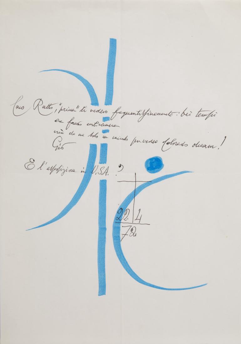 Gio Ponti - Autograph letter with monochrome drawings: Gio Ponti - Autograph letter with monochrome drawings for Giovanni Ratto, member of "Domus" magazine (cm 29,7x21) Provenance: private collection, Milano