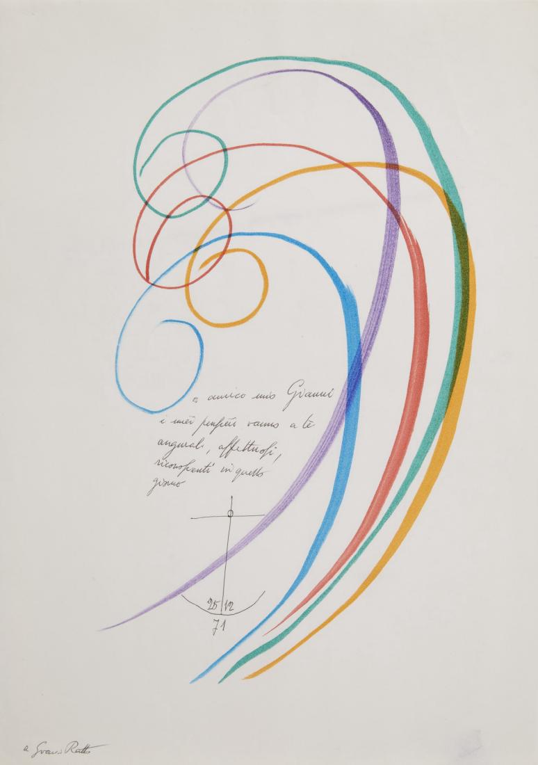 Gio Ponti - Autograph letter with polychrome drawings: Gio Ponti - Autograph letter with polychrome drawings for Giovanni Ratto, member of "Domus" magazine (cm 29,7x21) Provenance: private collection, Milano
