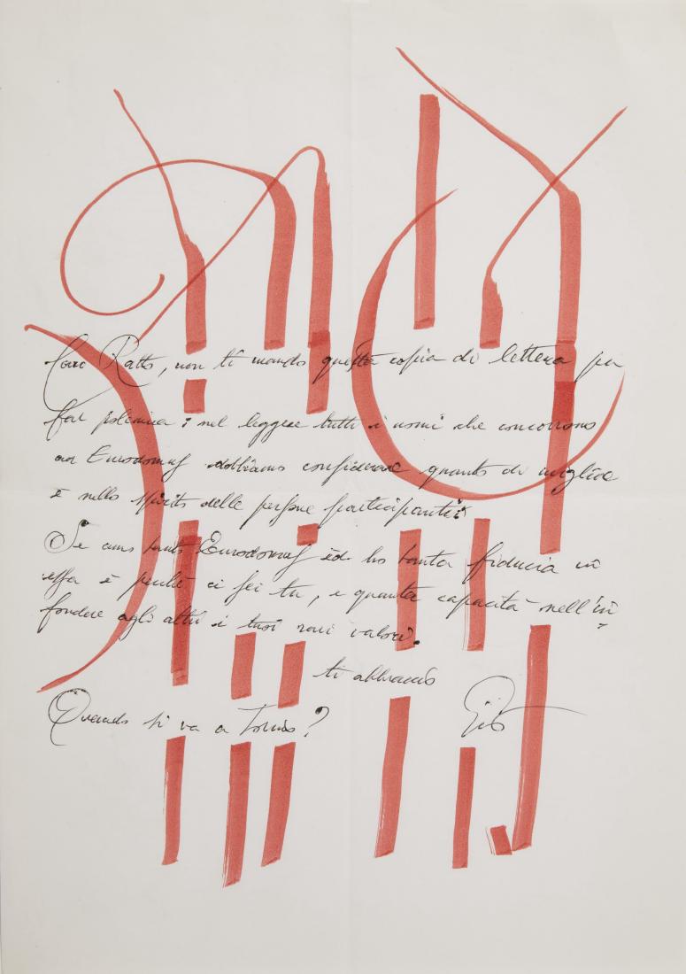 Gio Ponti - Autograph letter with monochrome drawings: Gio Ponti - Autograph letter with monochrome drawings for Giovanni Ratto, member of "Domus" magazine (cm 29,7x21) Provenance: private collection, Milano