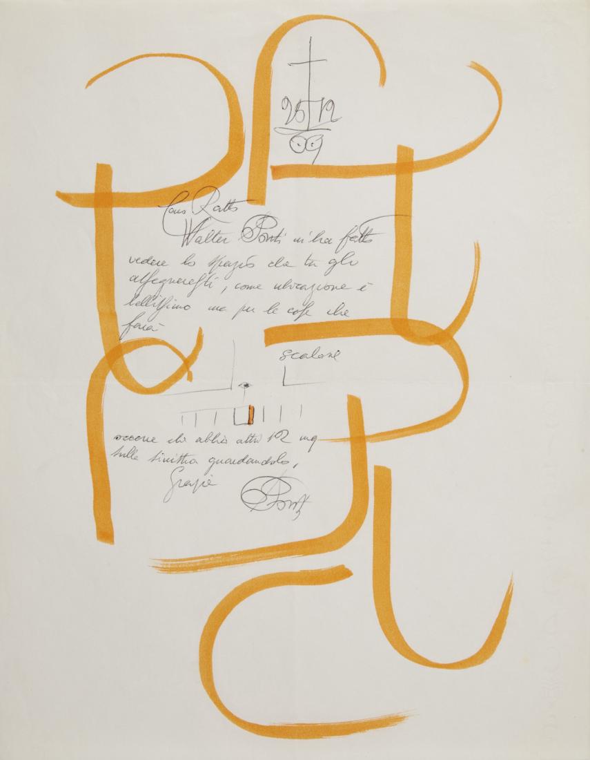 Gio Ponti - Autograph letter with polychrome drawings: Gio Ponti - Autograph letter with polychrome drawings for Giovanni Ratto, member of "Domus" magazine (cm 29,7x21) Provenance: private collection, Milano