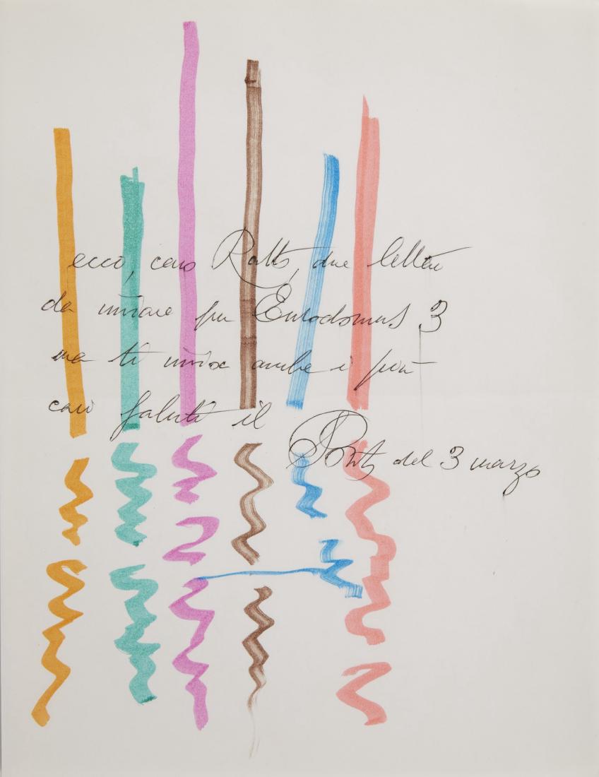 Gio Ponti - Autograph letter with polychrome drawings: Gio Ponti - Autograph letter with polychrome drawings for Giovanni Ratto, member of "Domus" magazine (cm 29,7x21) Provenance: private collection, Milano