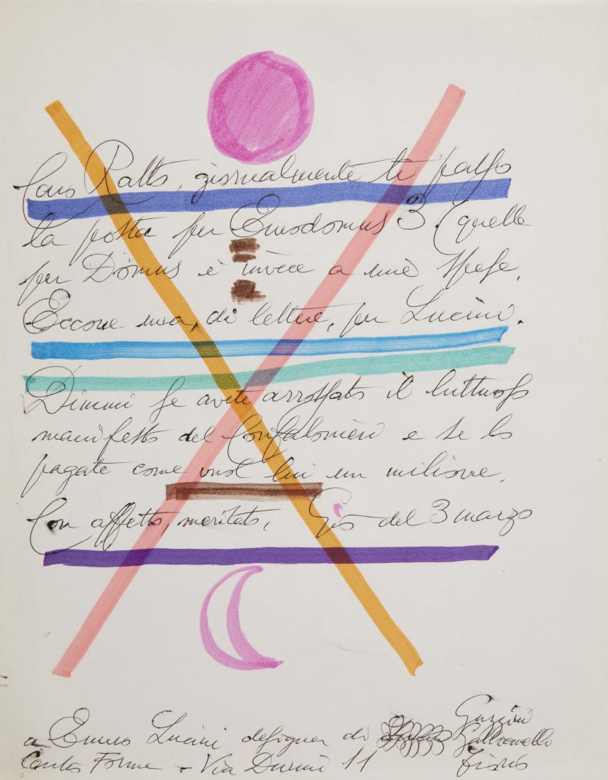 Gio Ponti - Autograph letter with polychrome drawings: Gio Ponti - Autograph letter with polychrome drawings for Giovanni Ratto, member of "Domus" magazine (cm 29,7x21) Provenance: private collection, Milano