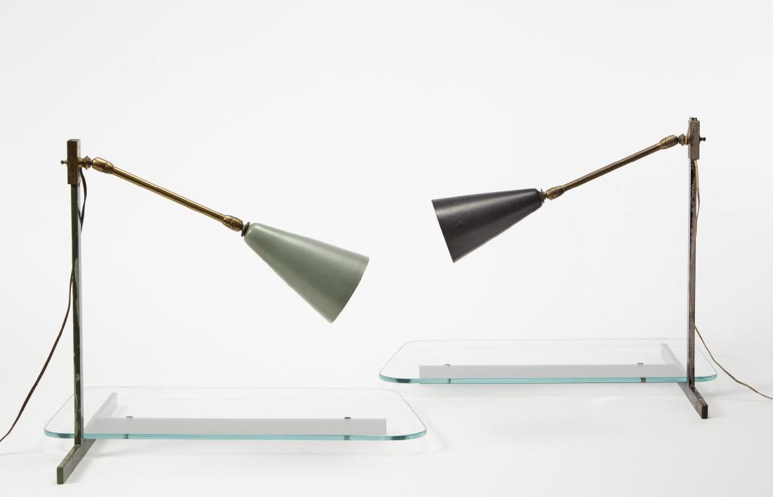 Enrico Castiglioni - A pair of abat-jours. Varnished: Enrico Castiglioni - A pair of abat-jours. Varnished metal, aluminium lampshades, crystal tops. Italy, circa 1958 (cm 48x37x38) (minor defects) Provenance: Private collection, Busto Arsizio