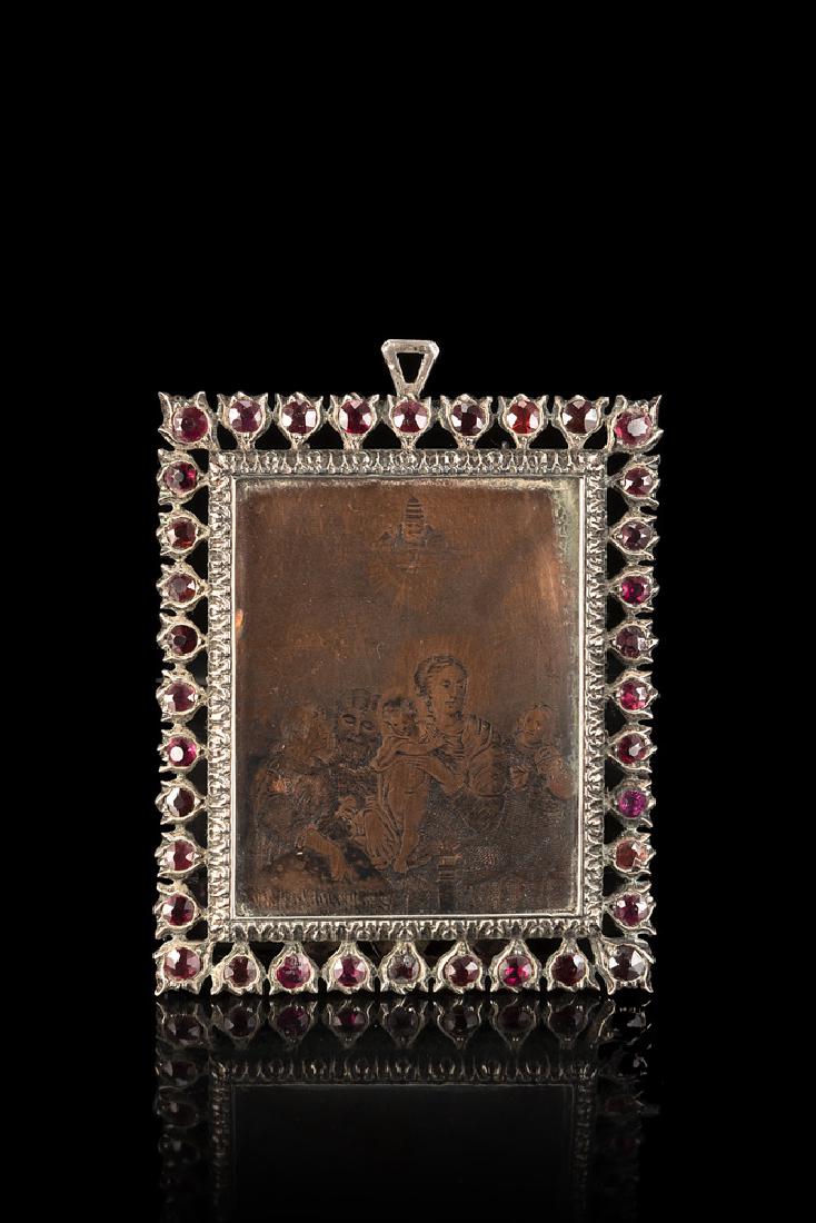 A small silver frame with Holy Family engraved on: A small silver frame with Holy Family engraved on copper. Mario Buccellati, Italy 1920s-30s (cm 4,6x5,4) (defects)