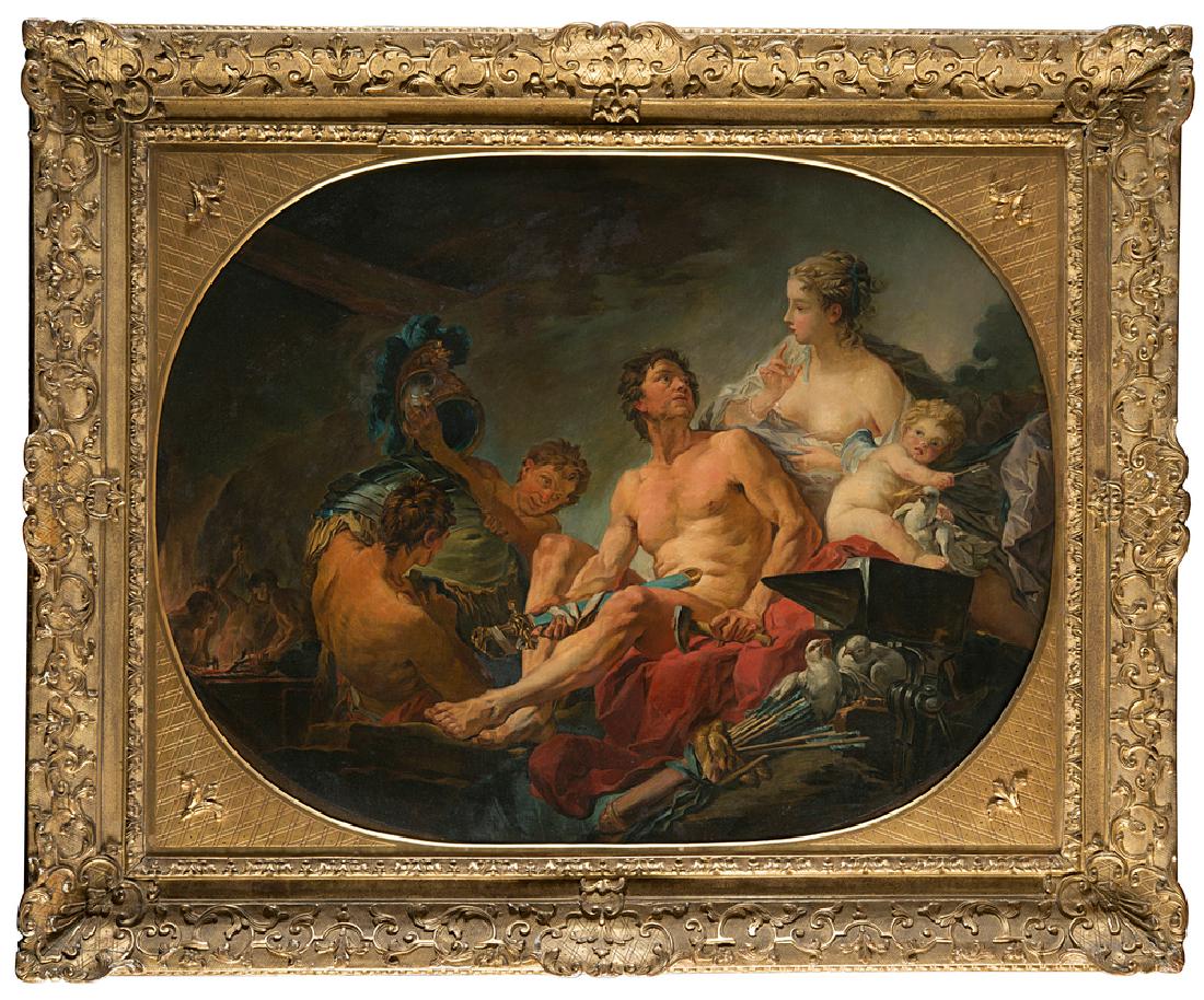 19th-century French school "Venus, Vulcano and Putti": 19th-century French school "Venus, Vulcano and Putti" oil on canvas (cm 85,5x112) in giltwood frame (defects)