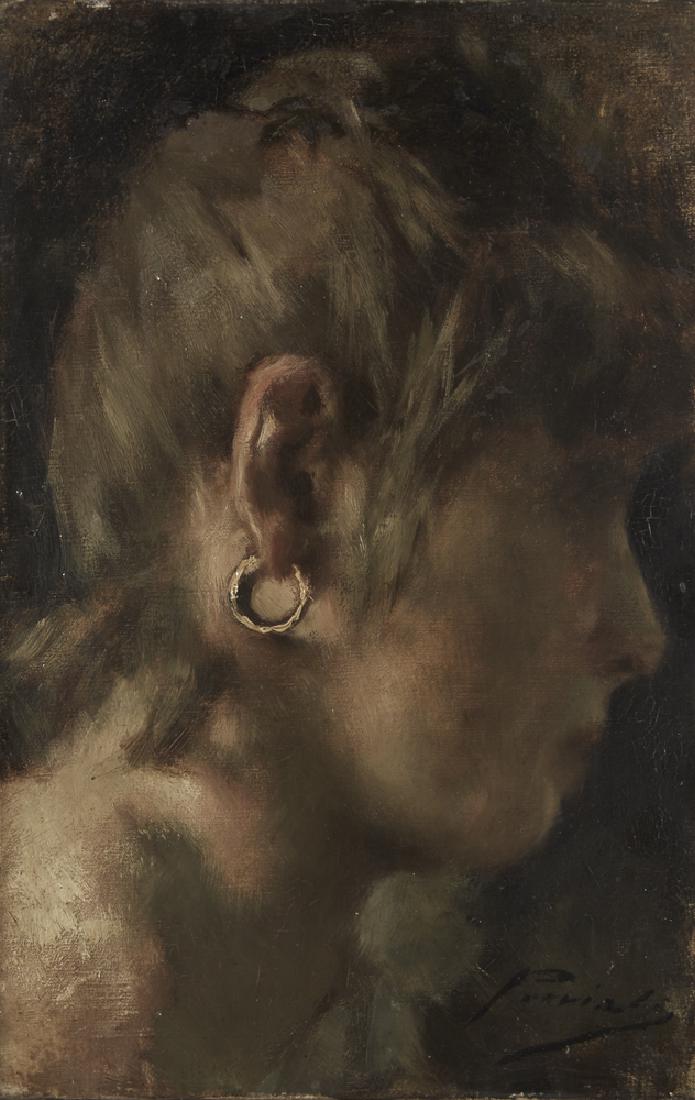 Gaetano Previati (Ferrara 1852 - Lavagna 1920) "Testa: Gaetano Previati (Ferrara 1852 - Lavagna 1920) "Testa di donna di profilo" olio su tela (cm 40x26) Firmato in basso a destra Opera accompagnata da autentica del Prof.Fernando Mazzocca In cornice